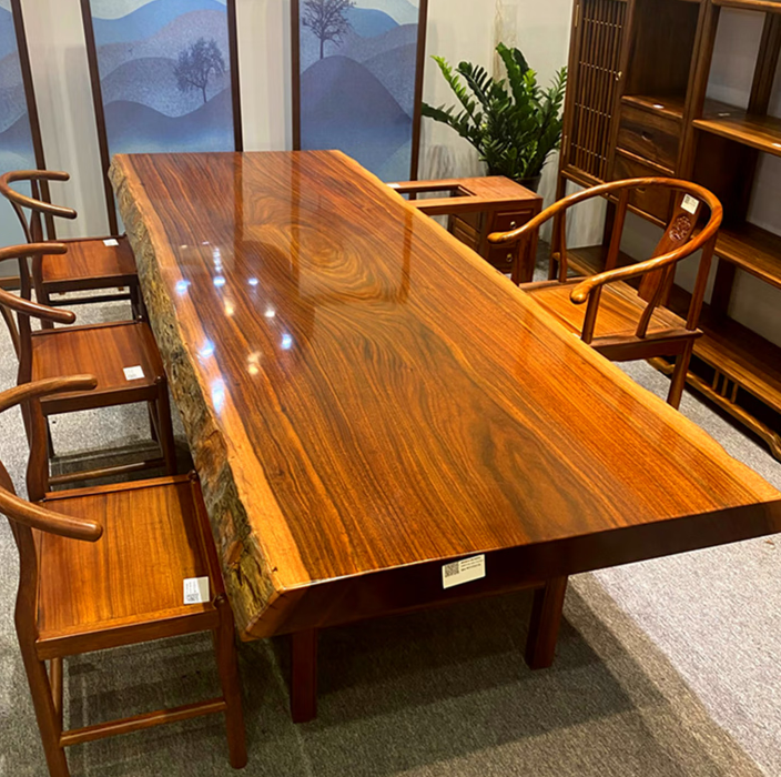 三顆家具 實木大板茶桌椅組合原木茶台工作台奧坎巴花胡桃木整塊餐書桌 1.6米茶桌+主椅+4客椅+茶水台